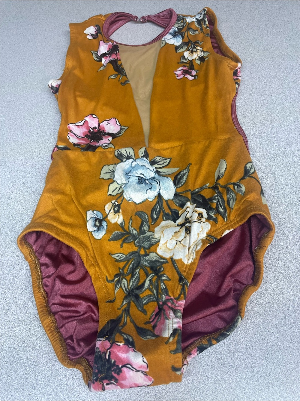 Floral One-Piece leotard in Mustard with Burgundy lining by Chelsea